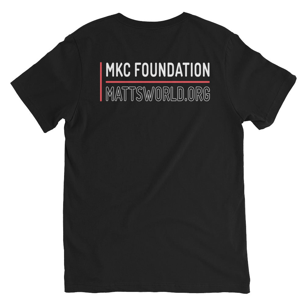 Matt's World w/ MKCF on Back - Black Unisex Short Sleeve V-Neck T-Shirt