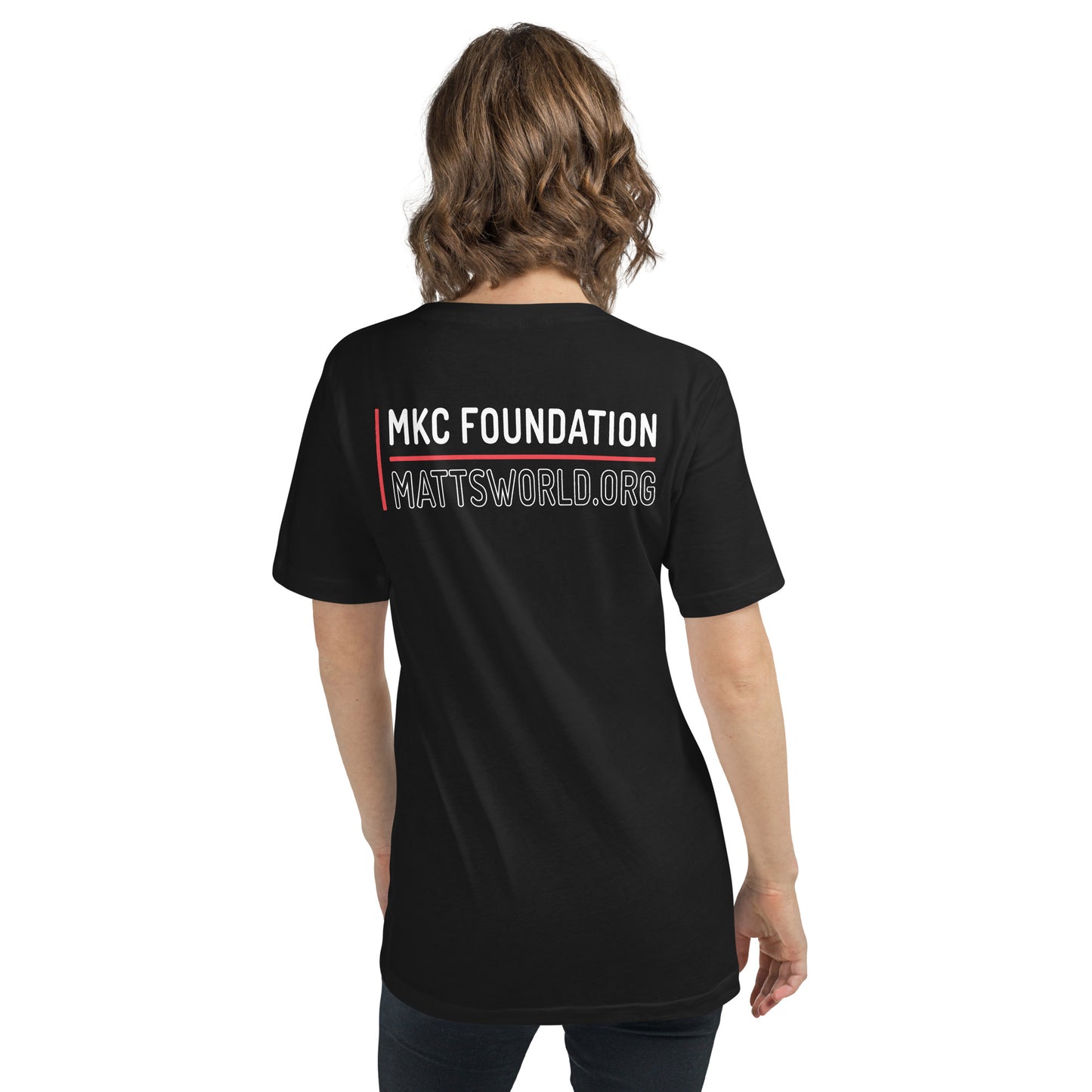 Matt's World w/ MKCF on Back - Black Unisex Short Sleeve V-Neck T-Shirt