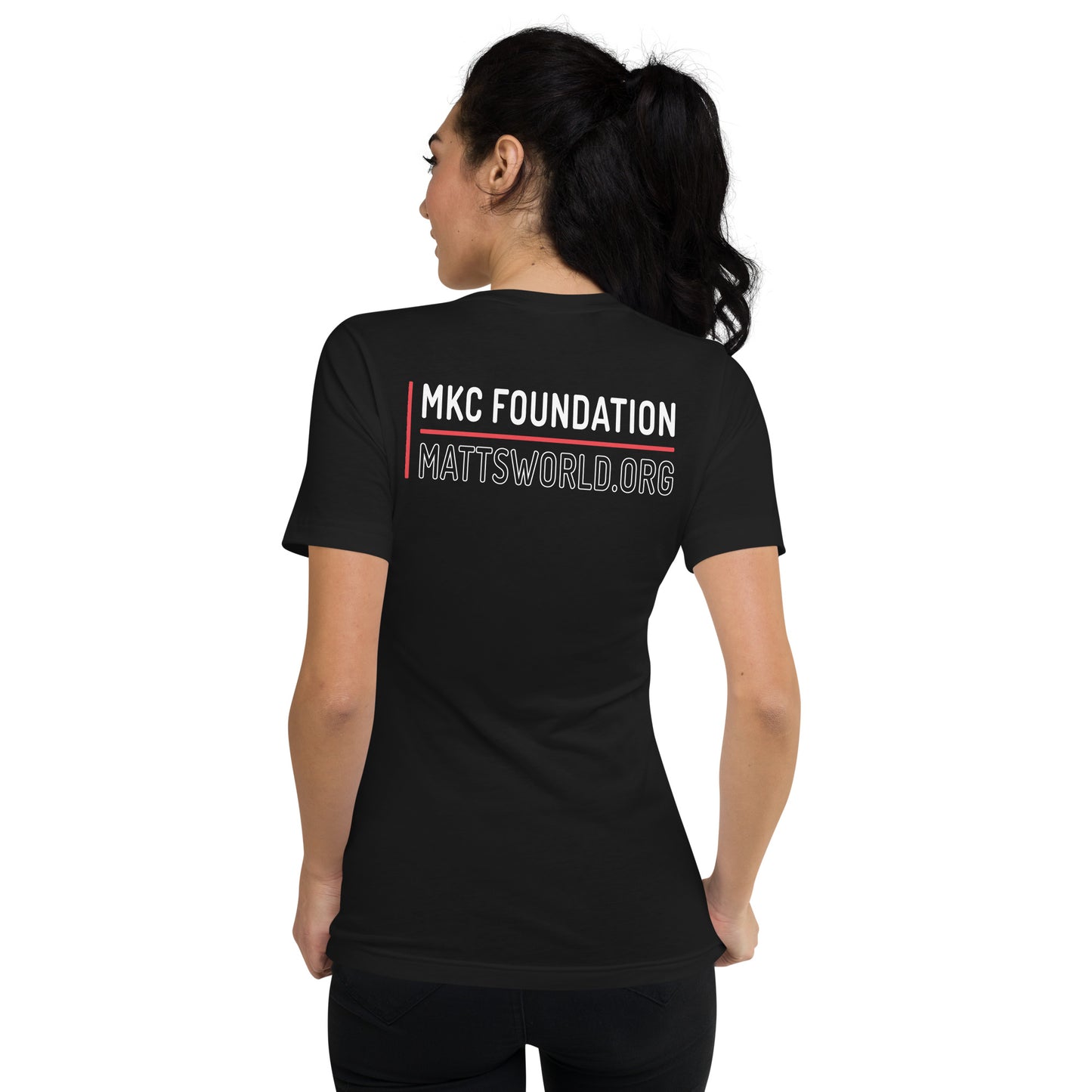 Matt's World w/ MKCF on Back - Black Unisex Short Sleeve V-Neck T-Shirt
