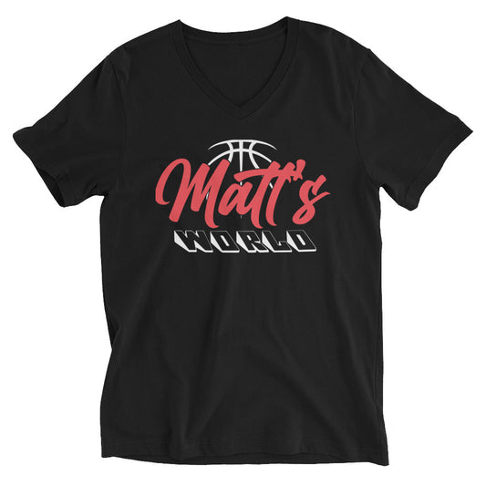 Matt's World w/ MKCF on Back - Black Unisex Short Sleeve V-Neck T-Shirt