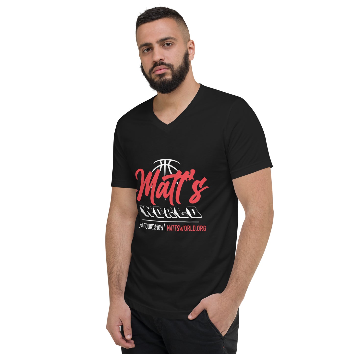 Matt's' World in Black - Unisex Short Sleeve V-Neck T-Shirt