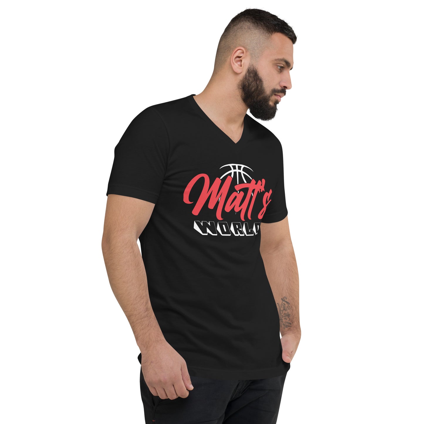 Matt's World w/ MKCF on Back - Black Unisex Short Sleeve V-Neck T-Shirt