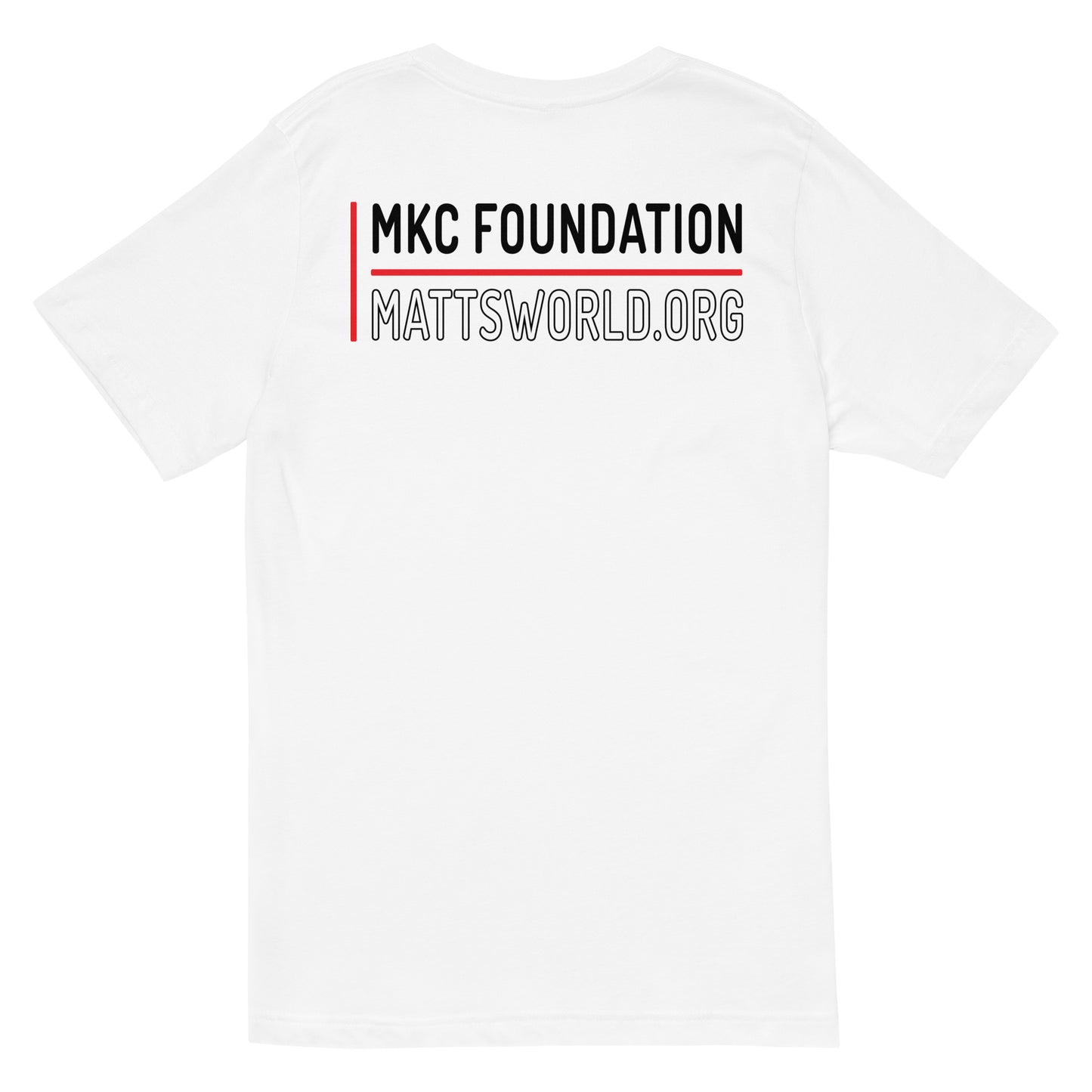 Matt's World w/ MKCF on Back - White Unisex Short Sleeve V-Neck T-Shirt