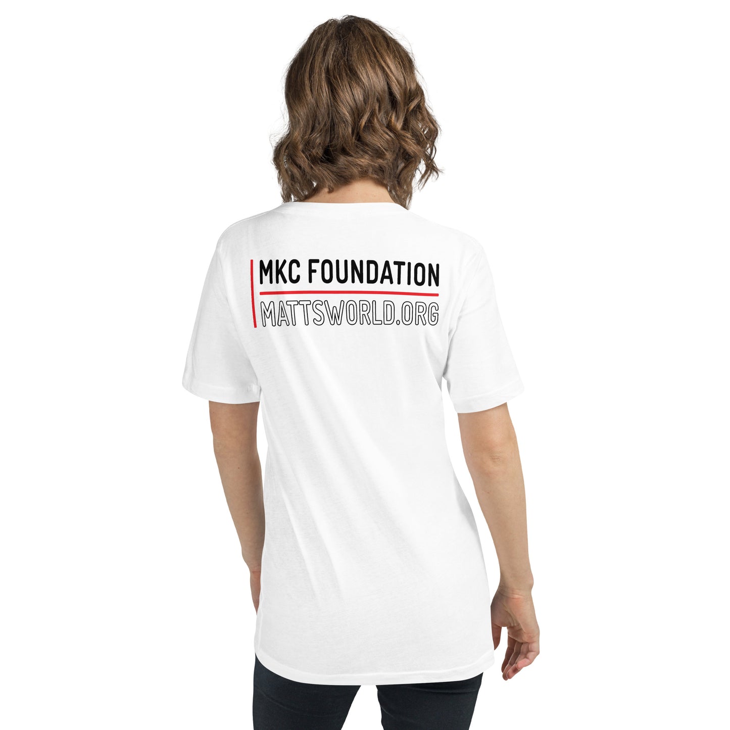 Matt's World w/ MKCF on Back - White Unisex Short Sleeve V-Neck T-Shirt