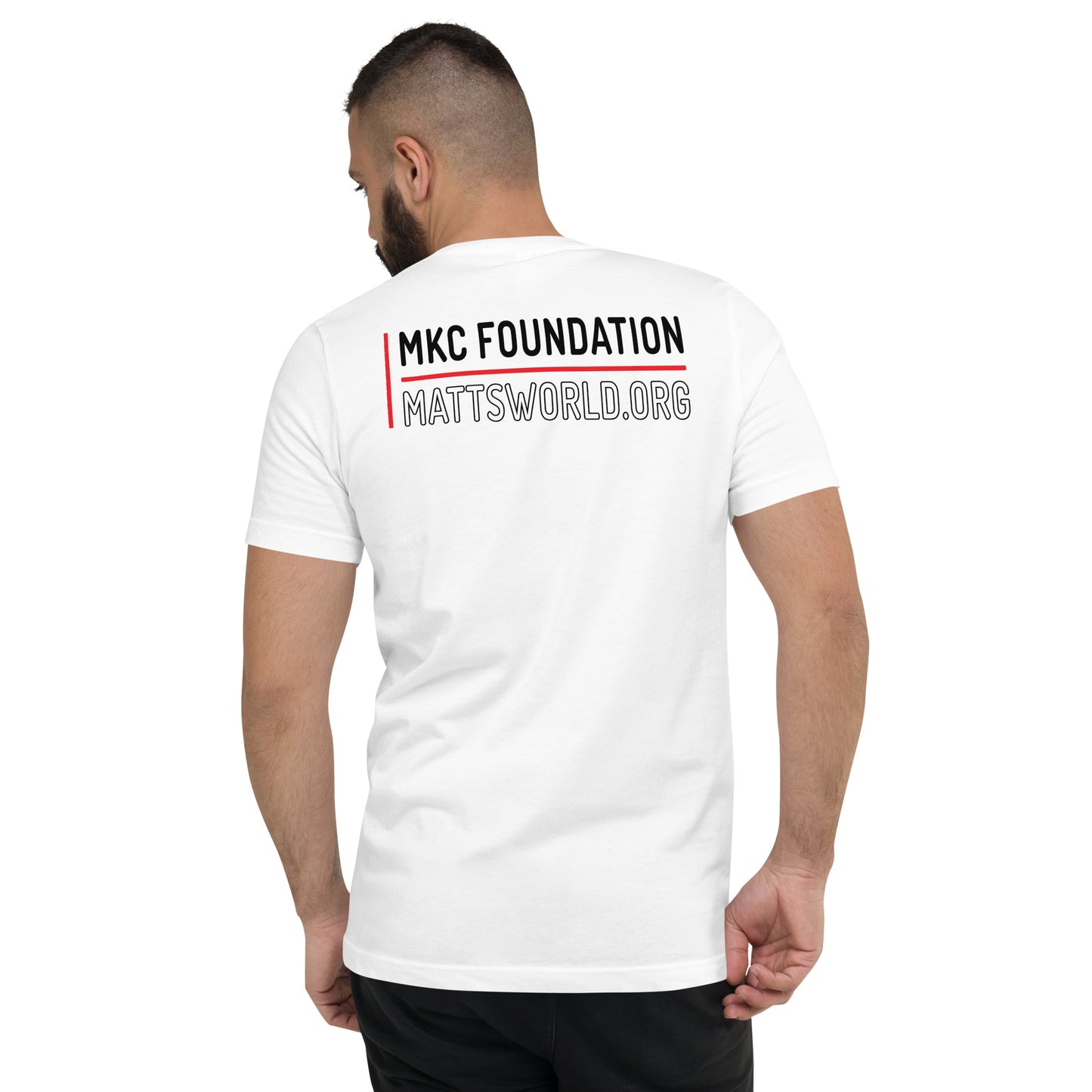 Matt's World w/ MKCF on Back - White Unisex Short Sleeve V-Neck T-Shirt
