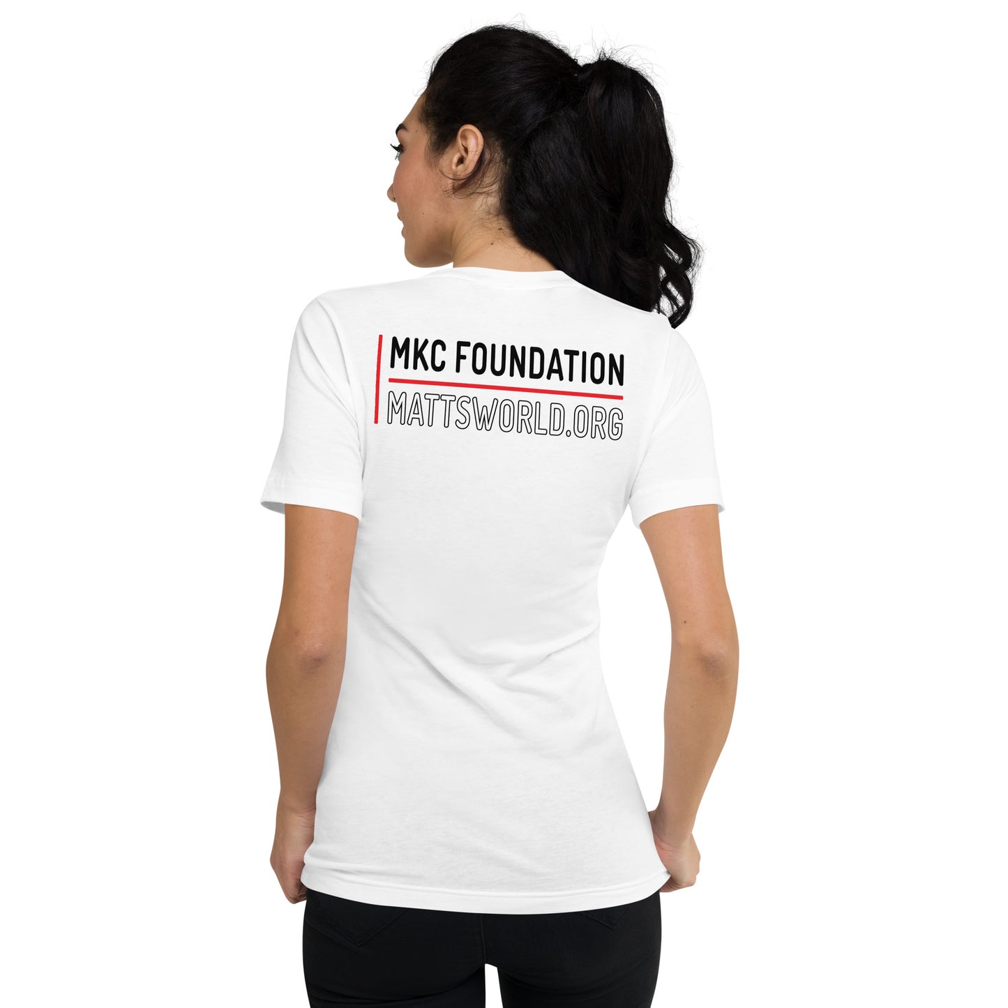 Matt's World w/ MKCF on Back - White Unisex Short Sleeve V-Neck T-Shirt