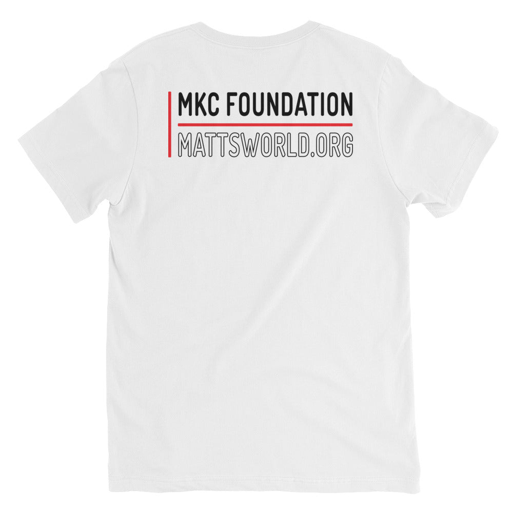 Matt's World w/ MKCF on Back - White Unisex Short Sleeve V-Neck T-Shirt