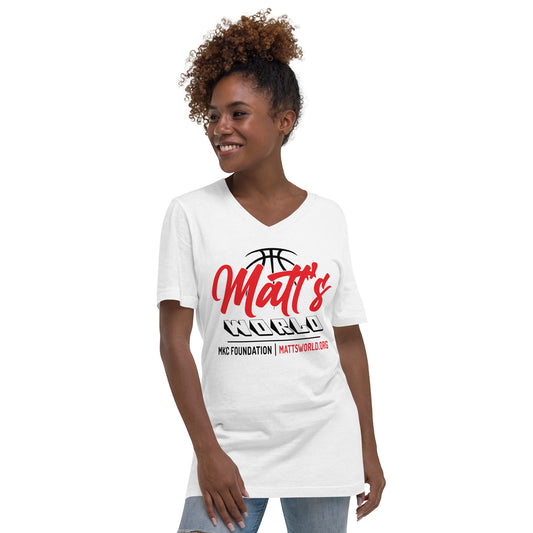 Matt's World in White - Unisex Short Sleeve V-Neck T-Shirt