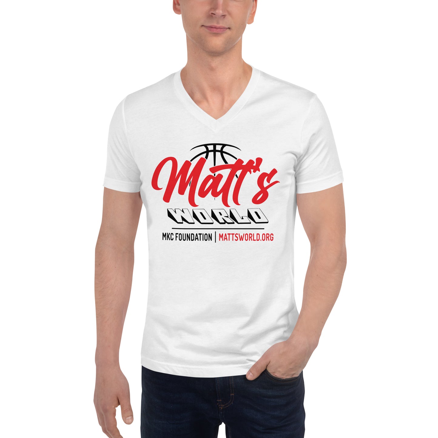 Matt's World in White - Unisex Short Sleeve V-Neck T-Shirt