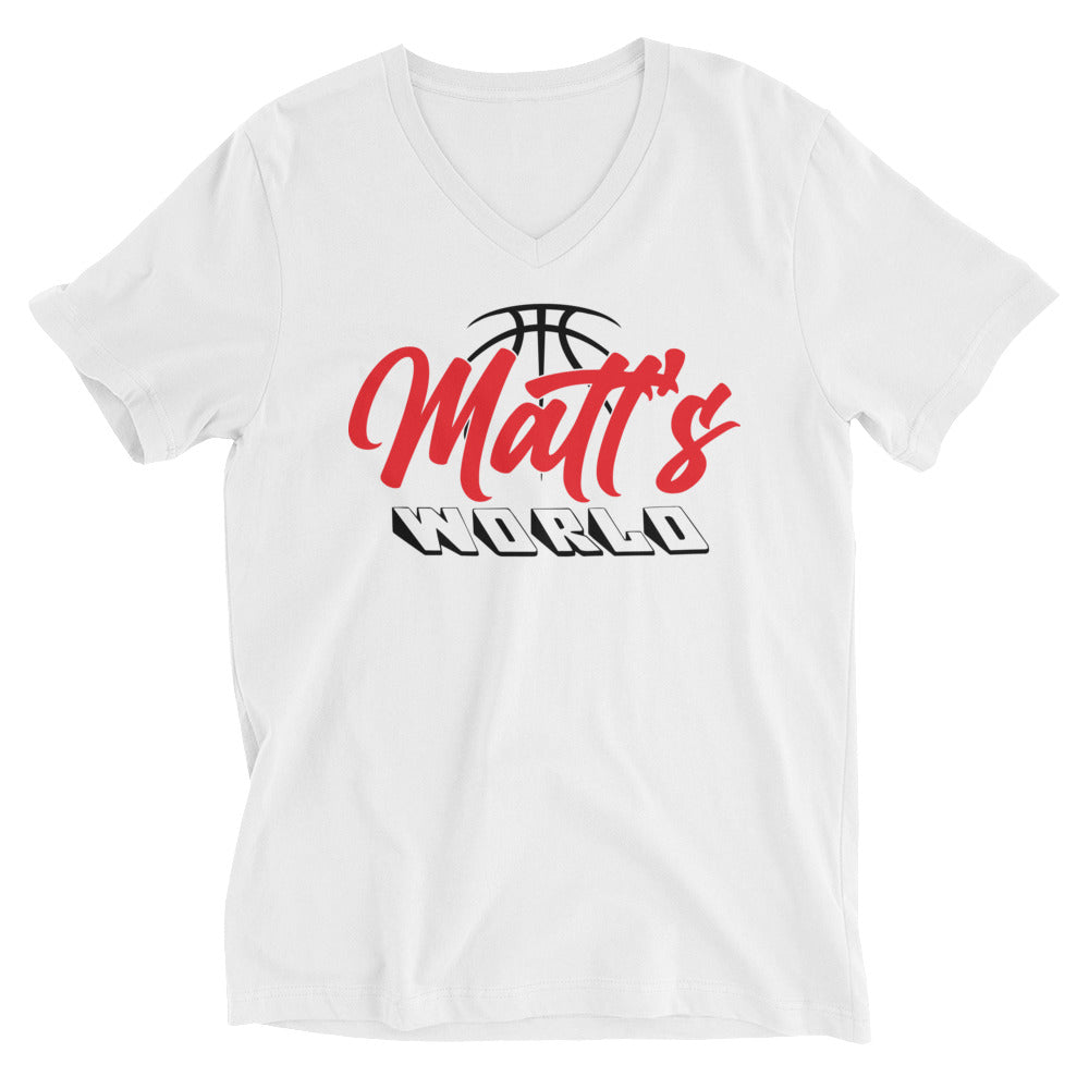 Matt's World w/ MKCF on Back - White Unisex Short Sleeve V-Neck T-Shirt