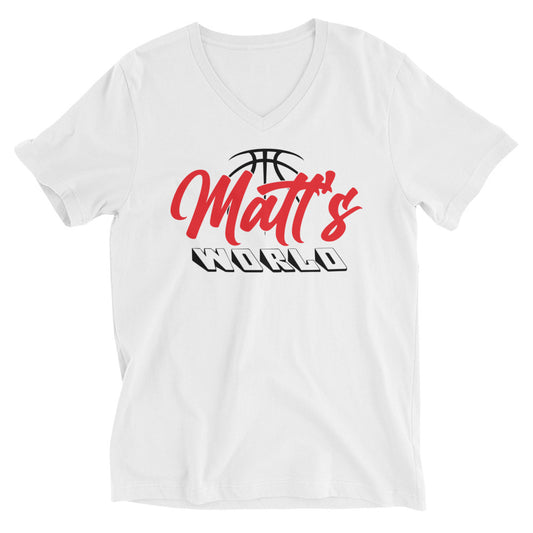 Matt's World w/ MKCF on Back - White Unisex Short Sleeve V-Neck T-Shirt