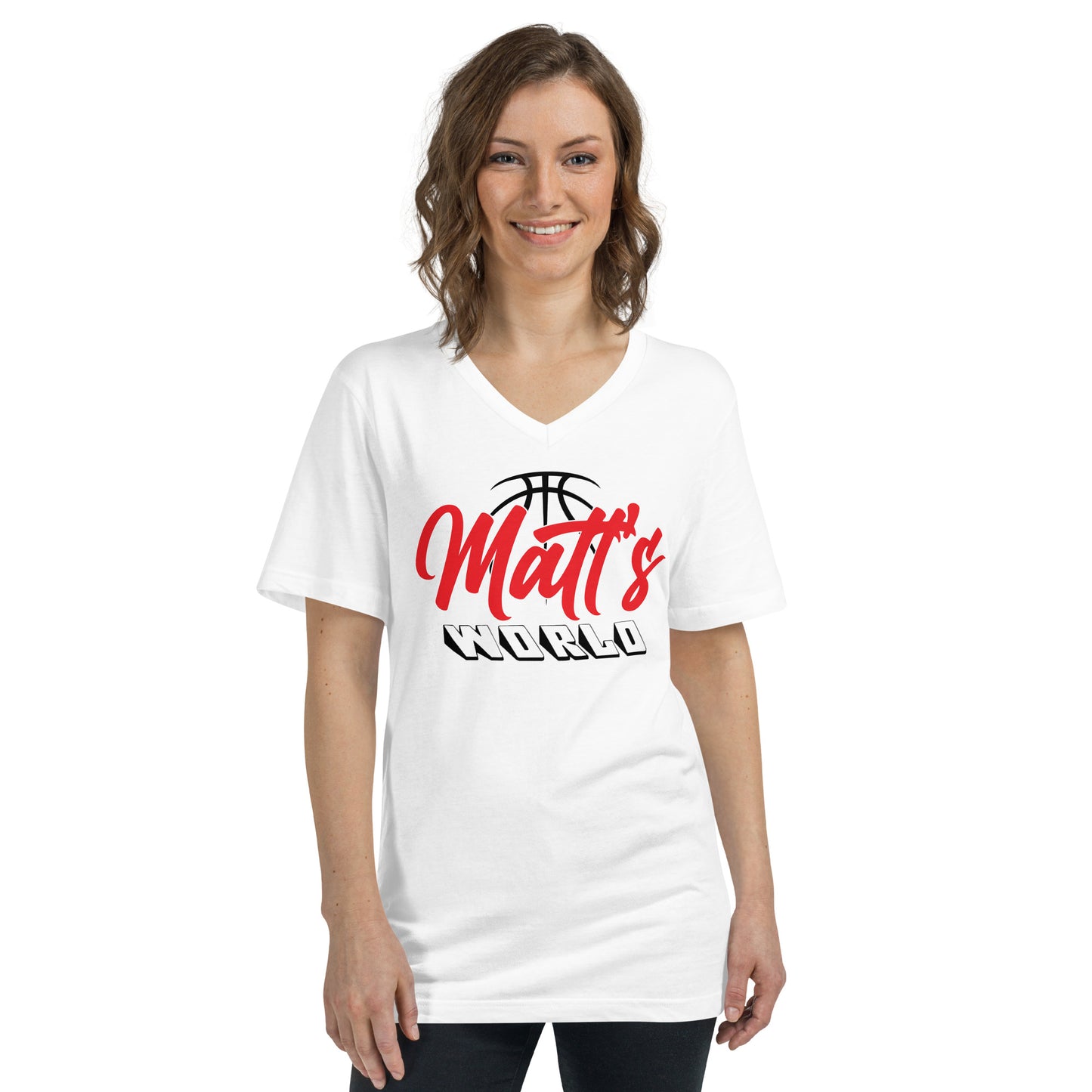 Matt's World w/ MKCF on Back - White Unisex Short Sleeve V-Neck T-Shirt