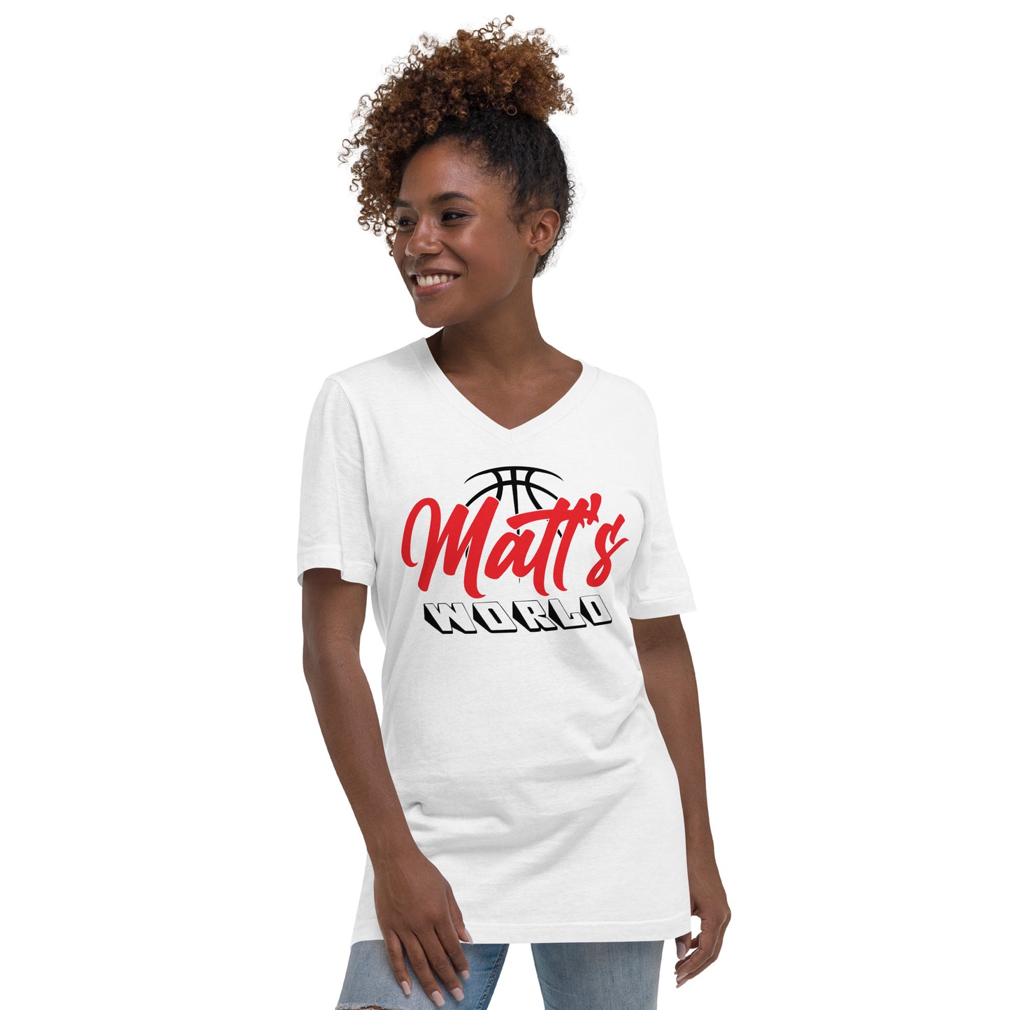 Matt's World w/ MKCF on Back - White Unisex Short Sleeve V-Neck T-Shirt