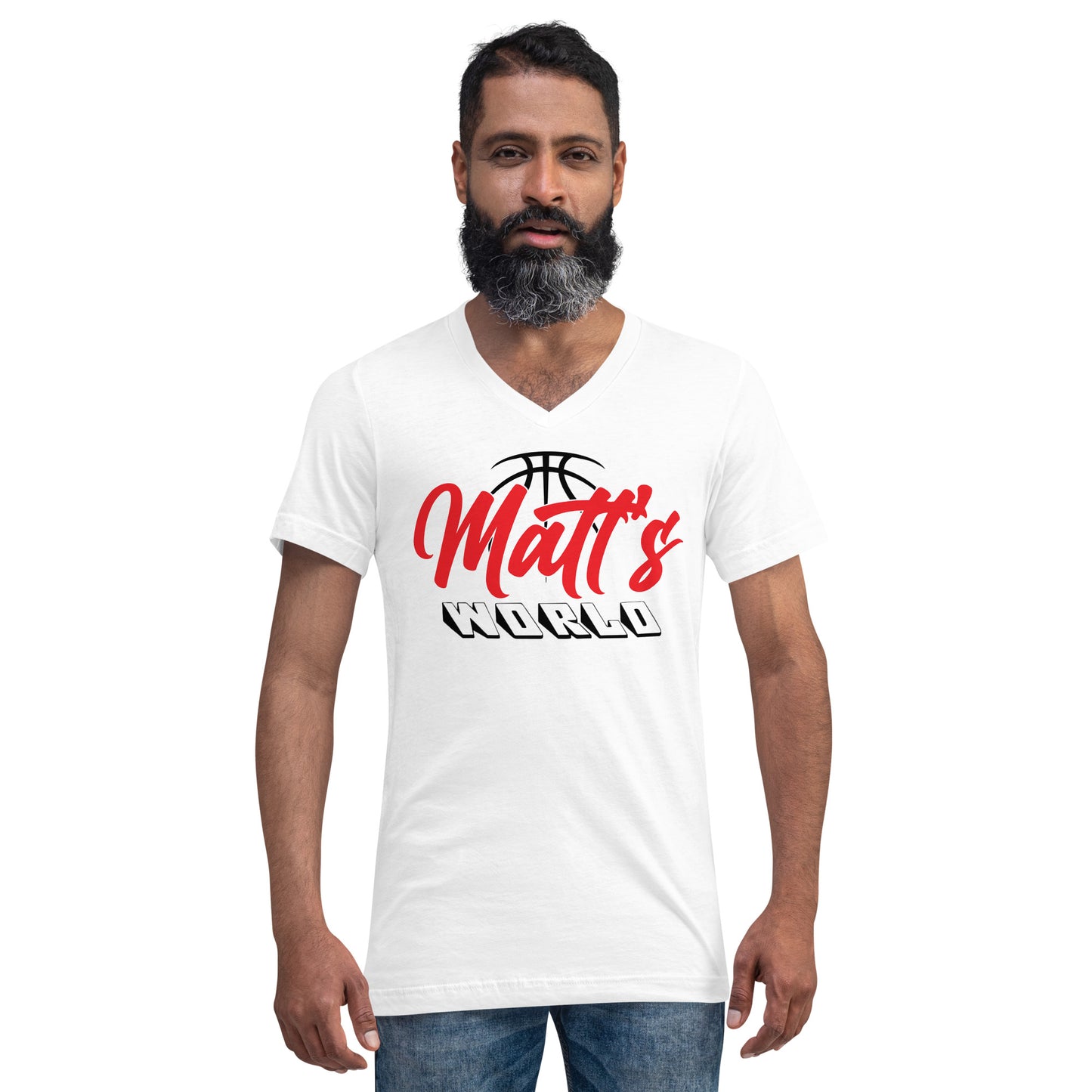 Matt's World w/ MKCF on Back - White Unisex Short Sleeve V-Neck T-Shirt