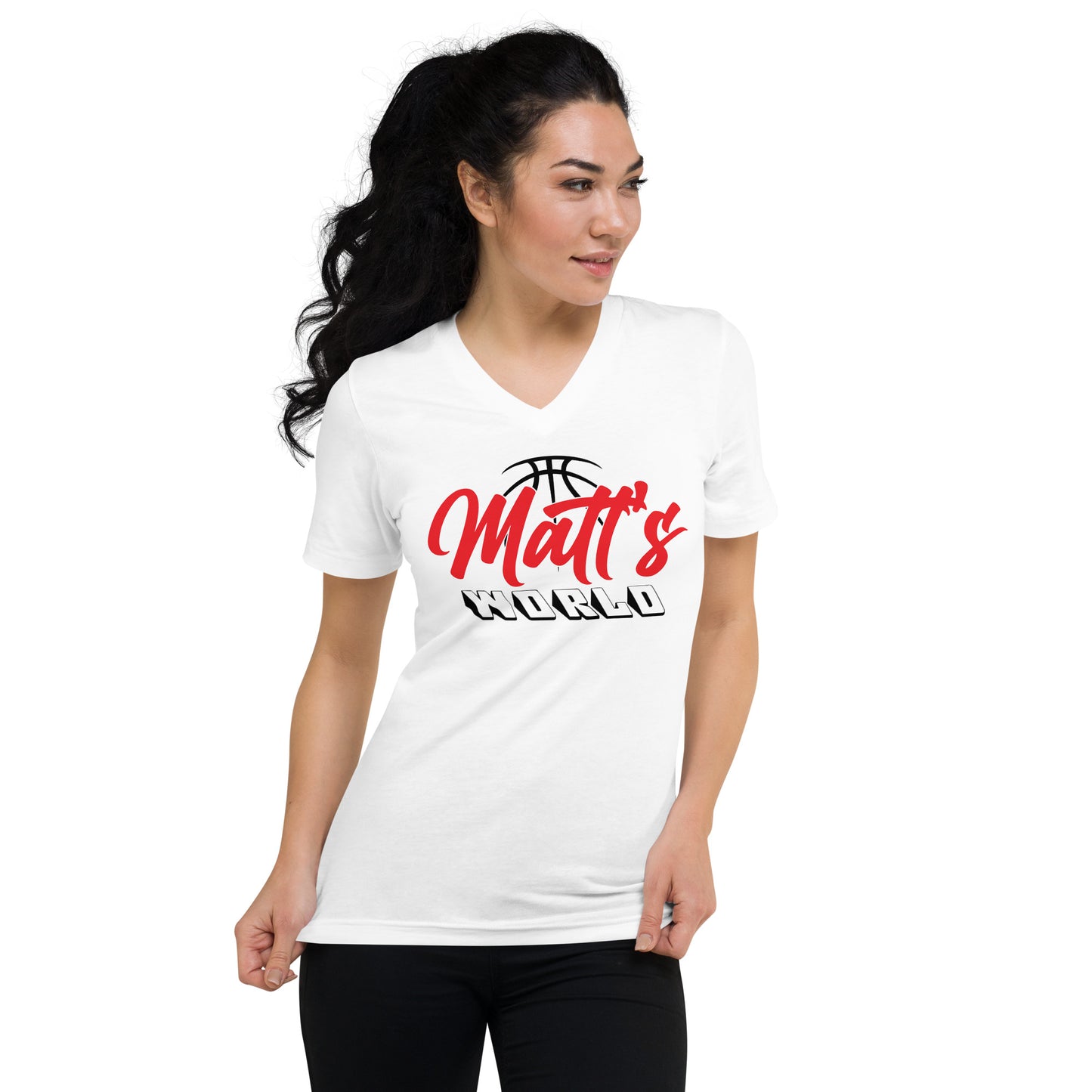 Matt's World w/ MKCF on Back - White Unisex Short Sleeve V-Neck T-Shirt