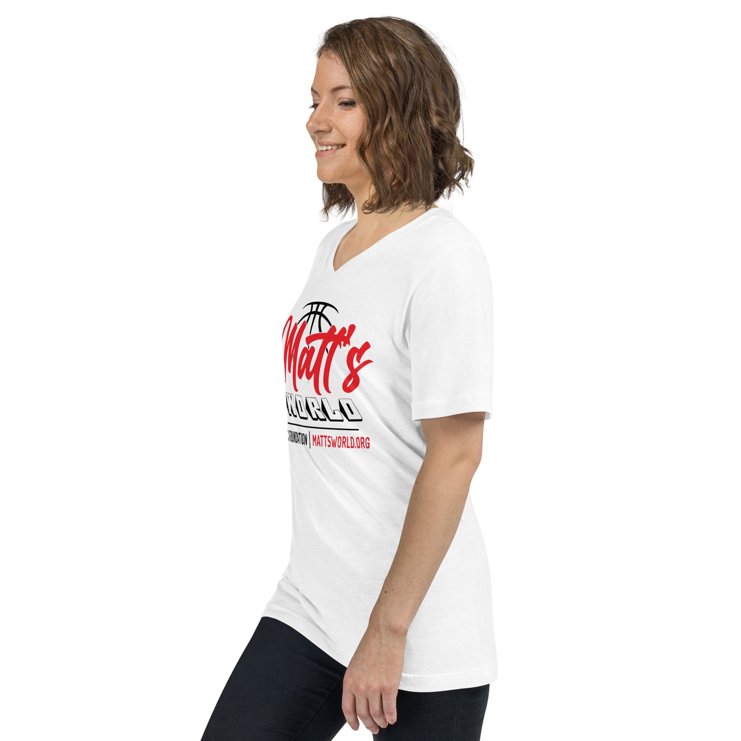 Matt's World in White - Unisex Short Sleeve V-Neck T-Shirt