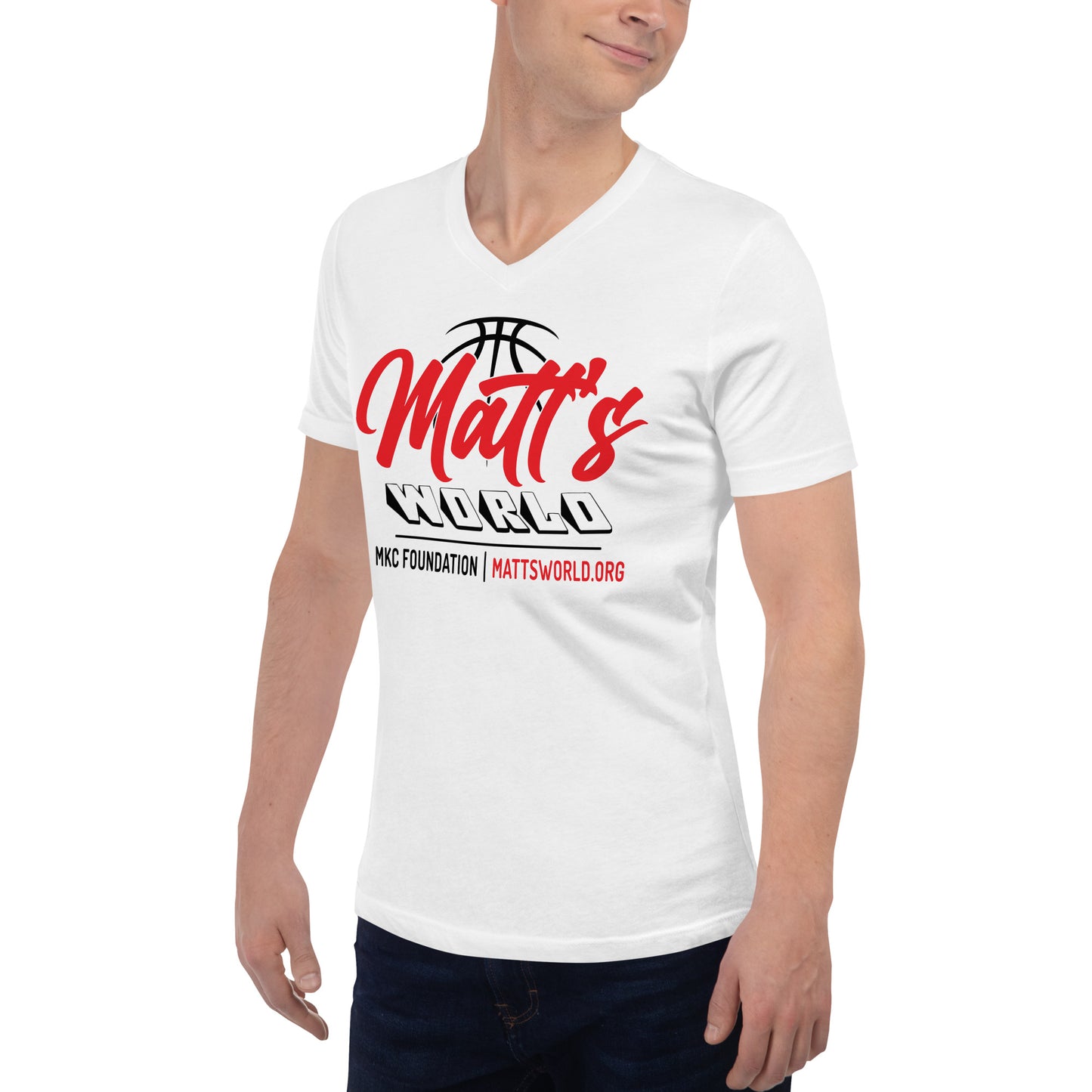 Matt's World in White - Unisex Short Sleeve V-Neck T-Shirt