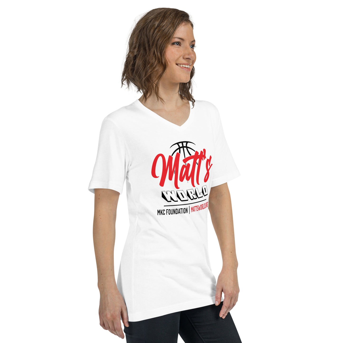 Matt's World in White - Unisex Short Sleeve V-Neck T-Shirt