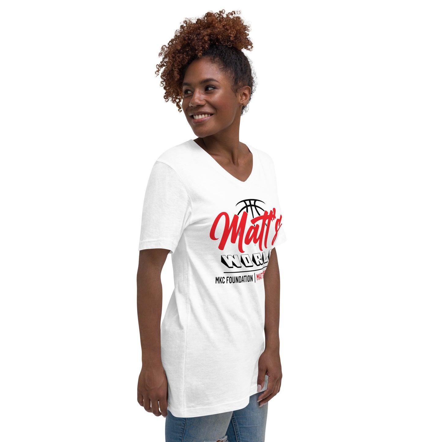 Matt's World in White - Unisex Short Sleeve V-Neck T-Shirt