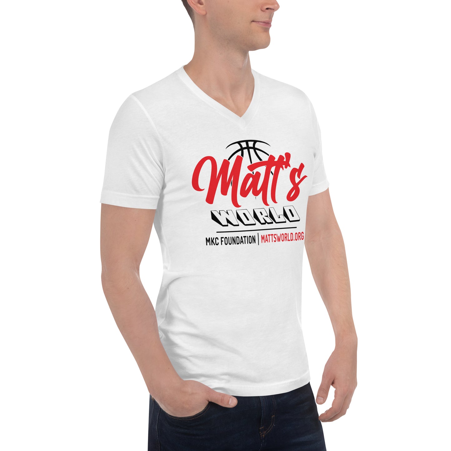 Matt's World in White - Unisex Short Sleeve V-Neck T-Shirt