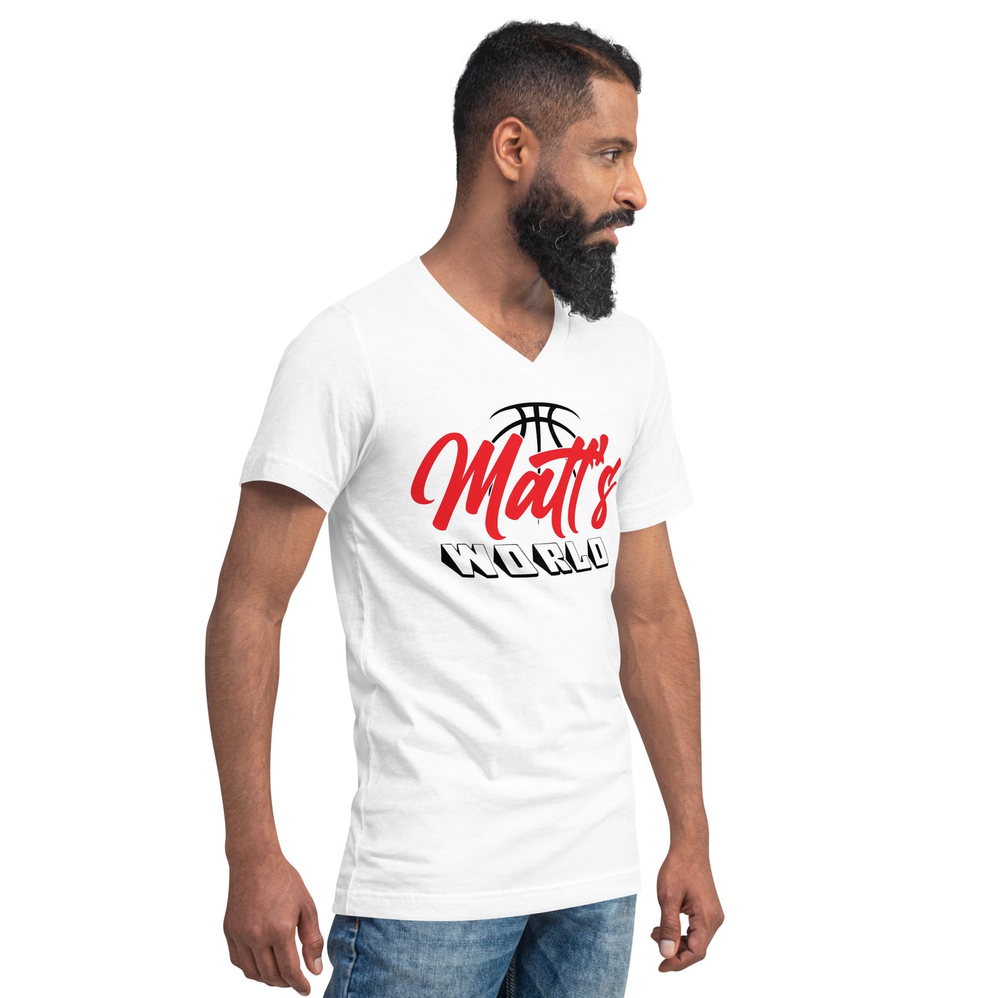 Matt's World w/ MKCF on Back - White Unisex Short Sleeve V-Neck T-Shirt
